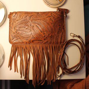 Free People Leather Fringe Clutch With Long and Short Strap Bag Brown paisley